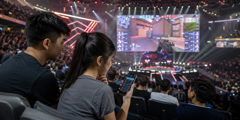 Spectators attend an eSports match in a large arena 