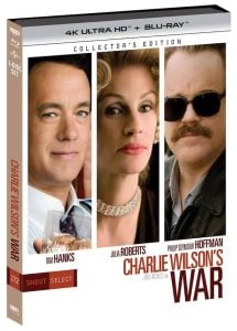 Box cover of “Charlie Wilson’s War” 4K Ultra HD + Blu-ray edition, featuring photos of Tom Hanks, Julia Roberts, and Philip Seymour Hoffman.