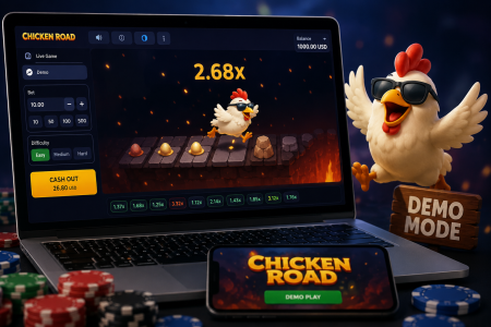 Chicken Road Demo: Trying The Crash Game Without Spending Money A laptop shows a Chicken Road casino game with a cartoon chicken character; “Demo mode” and game stats are visible. Poker chips and a phone with the game title are in the foreground.