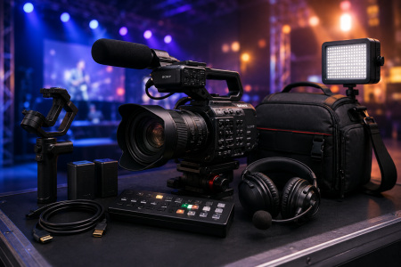 A professional video camera, headphones, control panel, batteries, cables, gimbal, LED light, and camera bag are arranged on a table with a blurred stage and lights in the background.