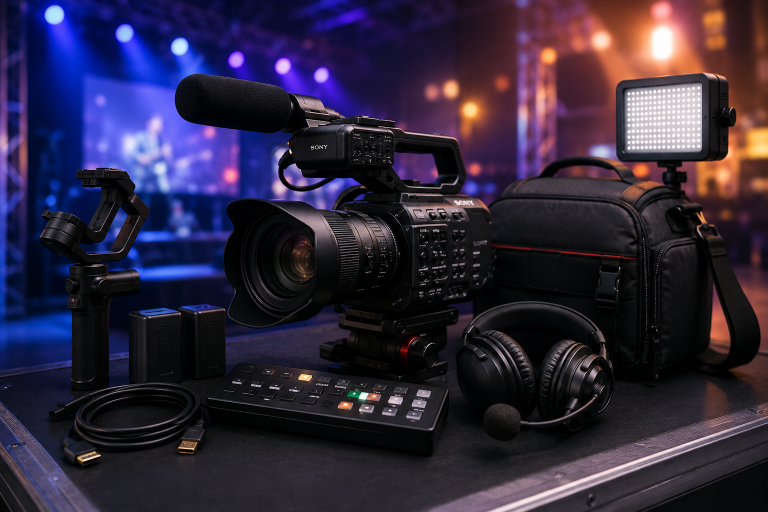 Best Video Camera Bundles For Live Streaming, Events, And Production A professional video camera, headphones, control panel, batteries, cables, gimbal, LED light, and camera bag are arranged on a table with a blurred stage and lights in the background.