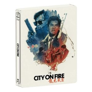 DVD cover for “City on Fire” featuring illustrated portraits of two men with guns, action scenes, and the title in bold black letters with Chinese characters below.