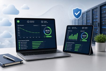 A laptop and tablet display graphs and charts with IT service statistics. A notebook, pen, and server racks are also visible in the modern office setting.
