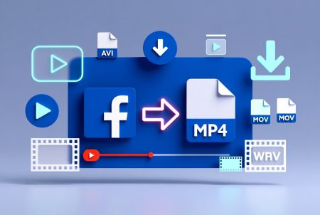 3D illustration showing the Facebook logo, an arrow, and an MP4 file icon, surrounded by download and video format icons like AVI, MOV, and WMV, suggesting Facebook video conversion.