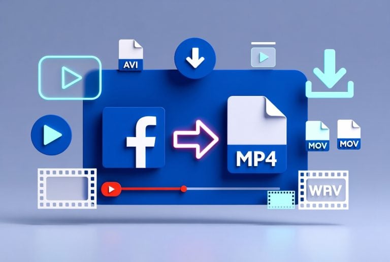 How To Convert Facebook To MP4 3D illustration showing the Facebook logo, an arrow, and an MP4 file icon, surrounded by download and video format icons like AVI, MOV, and WMV, suggesting Facebook video conversion.