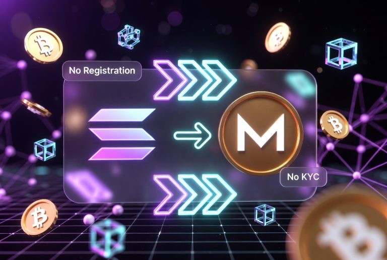 How To Convert SOL To XMR Without Registration In 2026 A digital graphic showing Solana swapping to Monero, with text “No Registration” and “No KYC.” Floating Bitcoin symbols and blockchain icons are in the background.