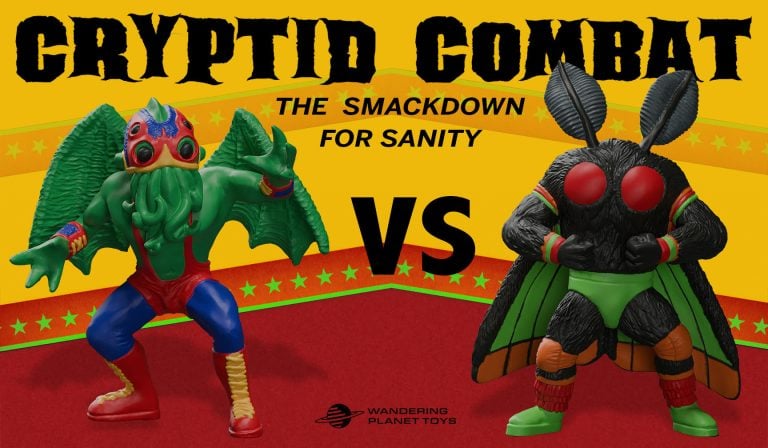 Two colorful toy monsters with wings face off under the text “Cryptid Combat: The Smackdown for Sanity” on a yellow and red background.