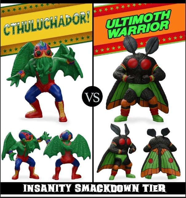 Two colorful action figures: Cthuluchador, a winged creature in wrestling gear, and Ultimoth Warrior, a moth-themed fighter, shown from multiple angles on a split background.