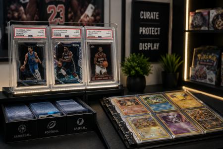 Display of graded basketball trading cards and a binder of Pokémon cards on a table, with storage boxes labeled “Basketball” and “Baseball” and a sign reading “Curate Protect Display” in the background.