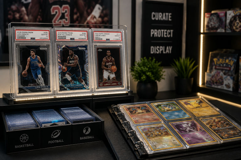 Display of graded basketball trading cards and a binder of Pokémon cards on a table, with storage boxes labeled “Basketball” and “Baseball” and a sign reading “Curate Protect Display” in the background.