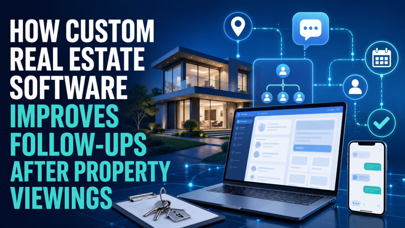 How Custom Real Estate Software Improves Follow-Ups After Property Viewings Modern house in background, laptop and smartphone with real estate software in foreground, icons showing property management. Text: How custom real estate software improves follow-ups after viewings.