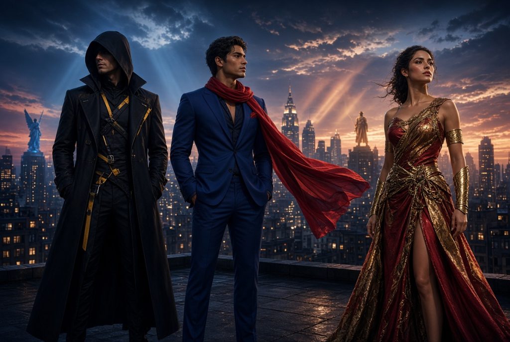 Three people in dramatic, superhero-style costumes stand on a rooftop overlooking a city skyline at sunset, with tall buildings and statues in the background.
