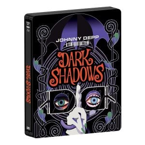 Blu-ray steelbook cover for “Dark Shadows” featuring stylized eyes, hands, and an umbrella, with Johnny Depp’s name at the top and swirling purple and black patterns.