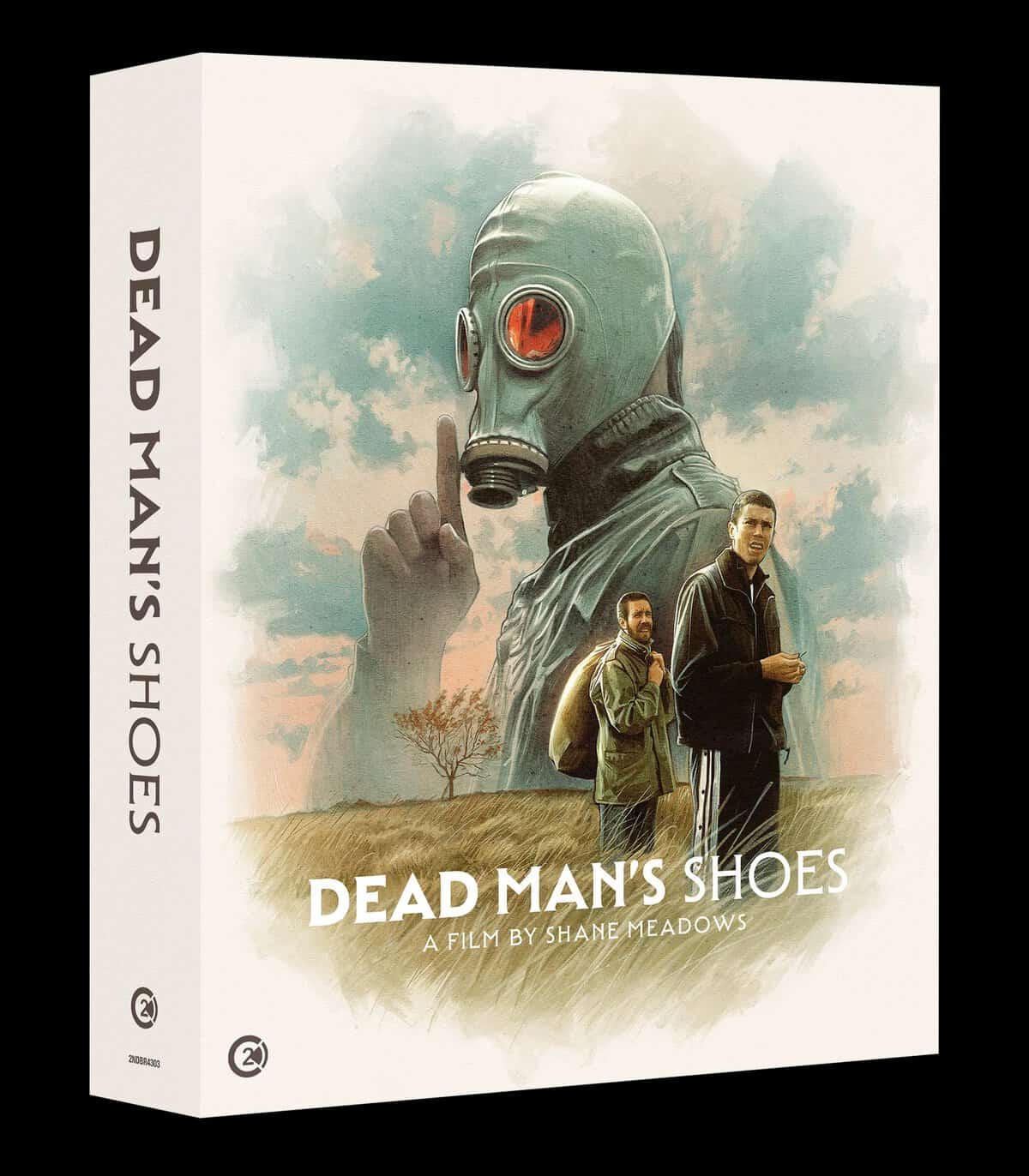 Box art for “Dead Man’s Shoes” shows a man in a gas mask behind two men standing in a field, with the film title and director’s name printed below the illustration.