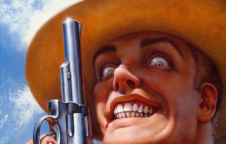 Close-up illustration of a person with a wide grin holding a revolver, wearing a large tan hat, with a blue sky in the background.