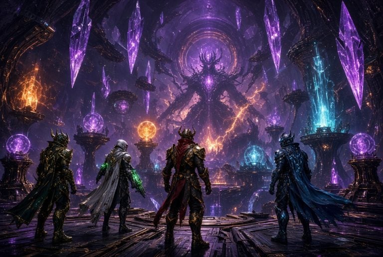 Why Destiny 2’s Raids Are Among Gaming’s Toughest Four armored figures stand in a glowing, futuristic chamber filled with floating crystals, facing a large, shadowy creature surrounded by vibrant purple and orange energy.