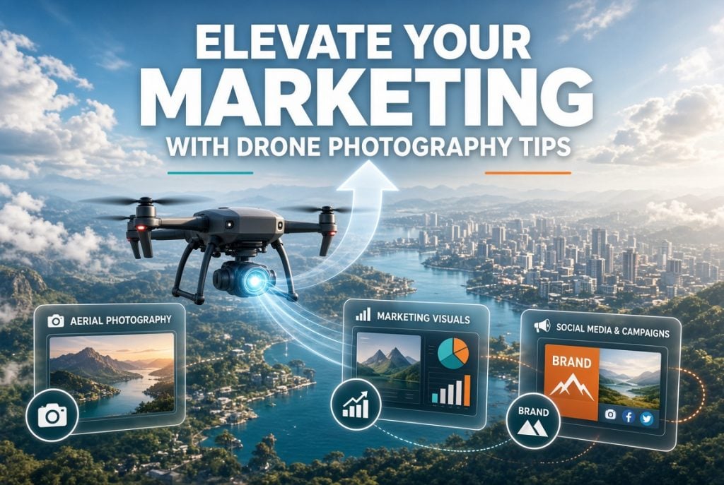 A drone flies over a city. Text reads “Elevate Your Marketing with Drone Photography Tips” above icons for aerial photography, marketing visuals, and social media campaigns.