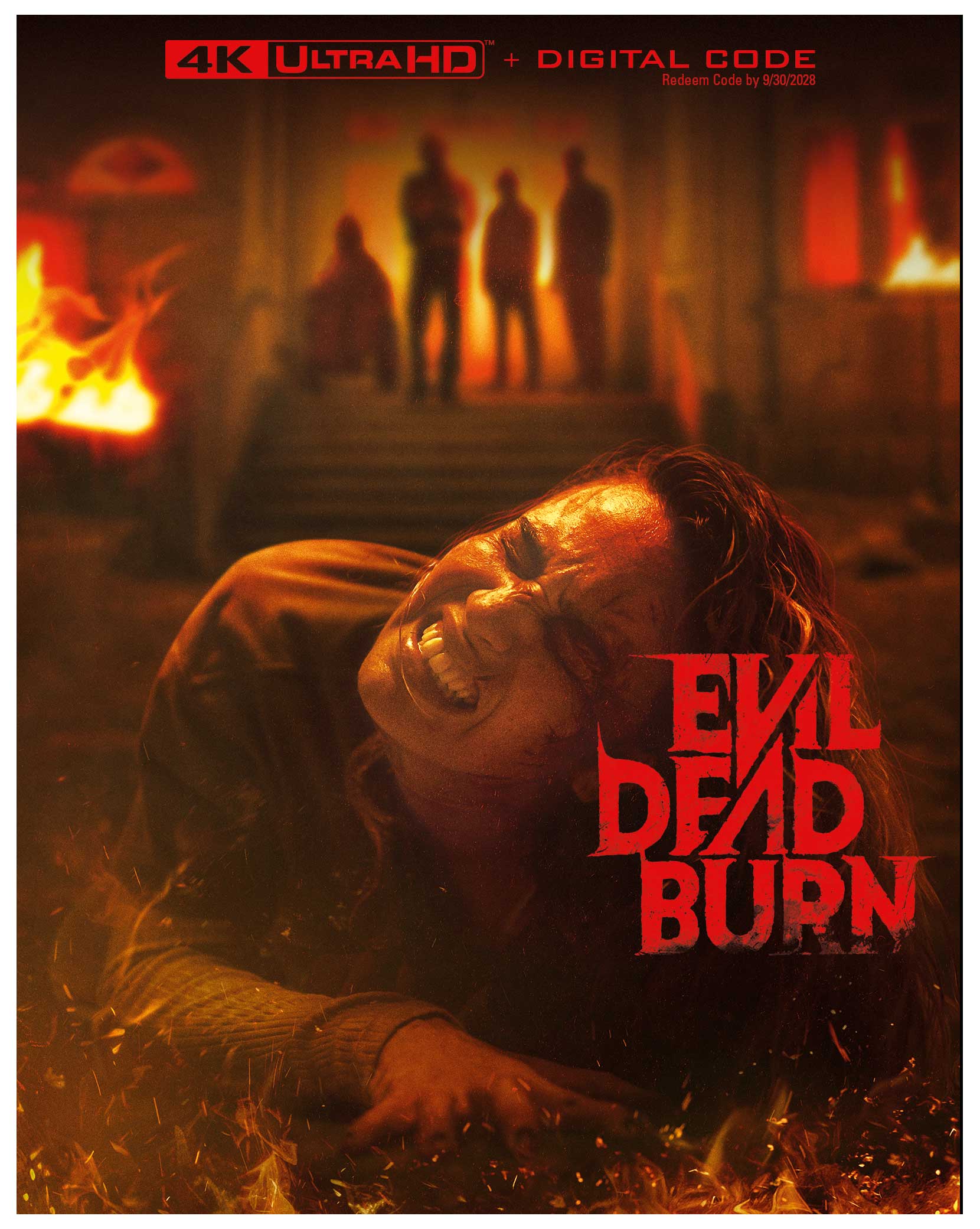 A person screams on the ground surrounded by fire, with four shadowy figures on stairs in the background. The text “Evil Dead Burn” is displayed prominently in red.