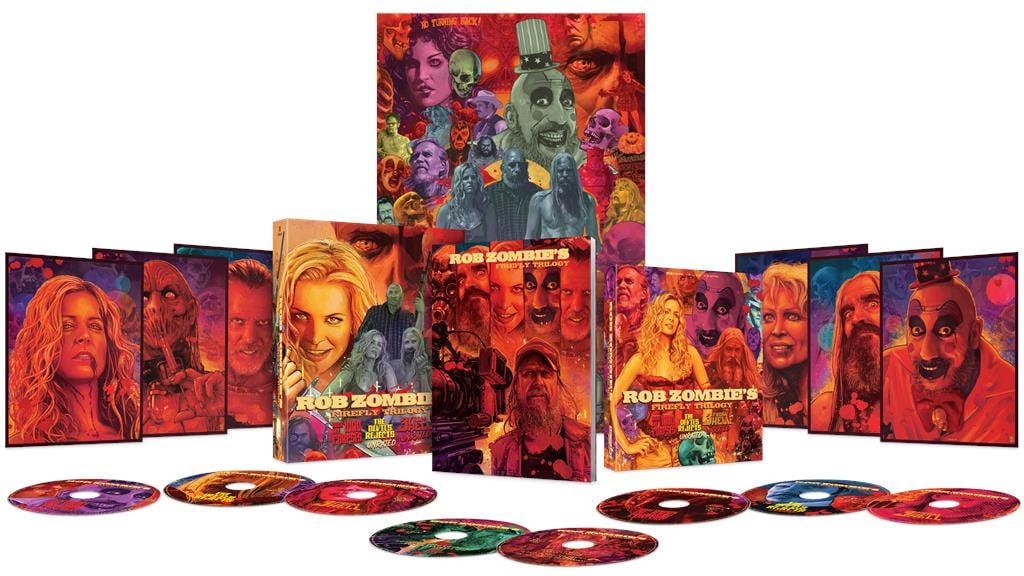 Box set of Rob Zombie movies including DVDs, Blu-rays, illustrated covers, and character art from House of 1000 Corpses, The Devil’s Rejects, and 3 from Hell arranged on a white background.