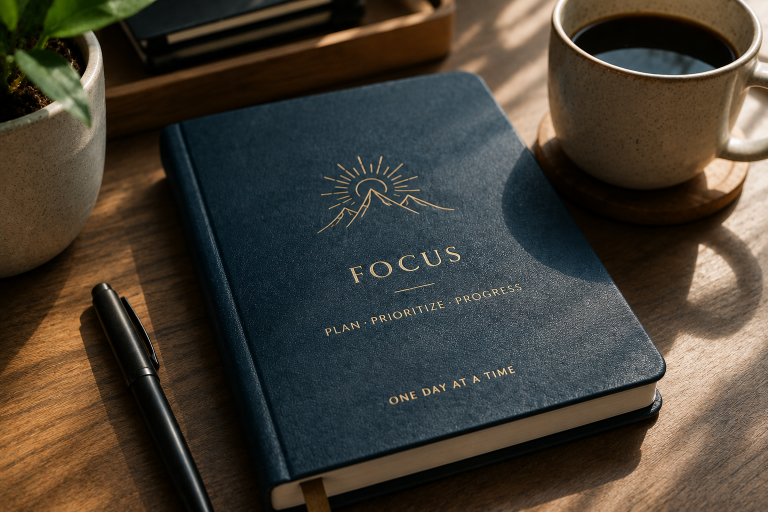 How A Journal Cover Can Support Better Daily Focus A navy blue planner labeled “Focus: Plan - Prioritize - Progress” rests on a wooden desk with a black pen, a cup of coffee, and a potted plant nearby.