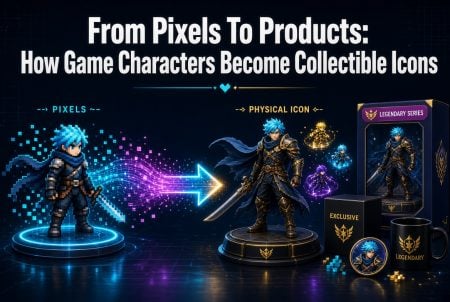 A pixelated blue-haired game character transforms into a detailed collectible figure, with packaging and branded items displayed beside it. Text explains the transition from digital to physical icon.