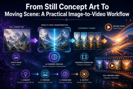 Infographic showing a workflow from still concept art to moving scenes, detailing steps: static image, AI transformation, sequence generation, and final video output.