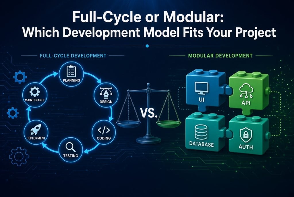 A comparison graphic of full-cycle development steps in a cycle on the left and modular development components as blocks on the right, with a scale and “VS.” text in the center.