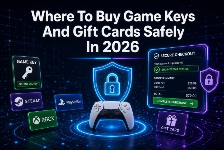 A digital graphic with a game controller, security icons, and logos for Steam, PlayStation, and Xbox, titled “Where To Buy Game Keys And Gift Cards Safely In 2026.”.