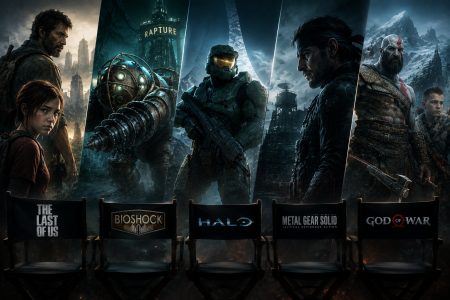 Five video game characters stand behind chairs labeled The Last of Us, Bioshock, Halo, Metal Gear Solid, and God of War, with their respective environments in the background.
