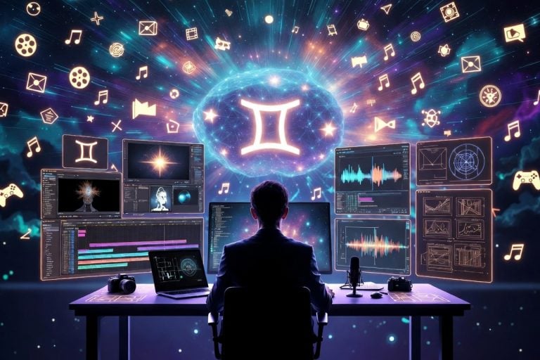 A person sits at a desk with multiple screens displaying media, astronomy, and the Gemini zodiac symbol, surrounded by digital icons for music, video, and communication.