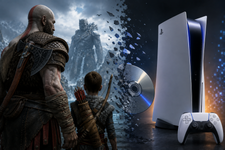 God Of War Creator Says Sony Ending PlayStation Discs May Reflect What Most Players Want A PlayStation 5 console and controller are shown beside a disc, with two video game characters and a large icy figure in a dramatic landscape.