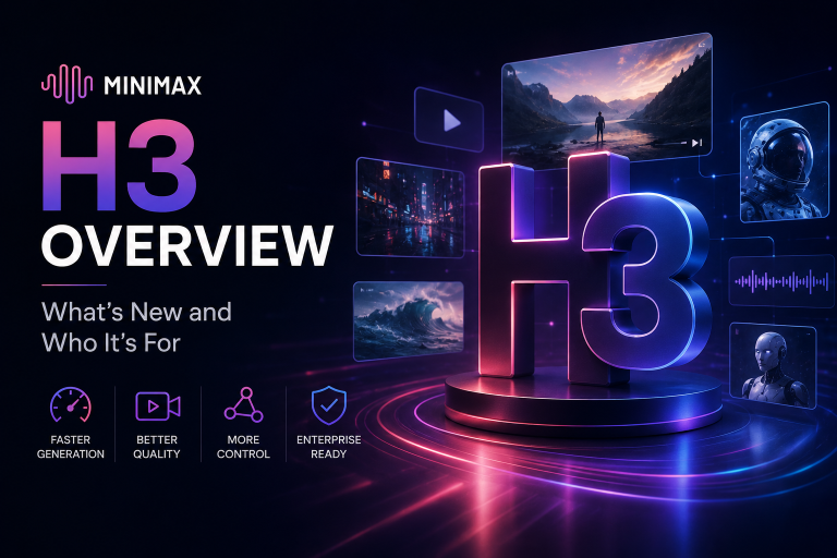 MiniMax H3 Overview: What’s New And Who It’s For A digital promotional graphic for Minimax H3 shows “H3 Overview,” icons for features, and images of landscapes and a robot. Text highlights faster generation, quality, control, and enterprise readiness.