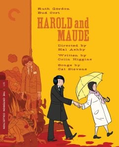 Illustration of a young man in black holding hands with an older woman in white holding a yellow umbrella; background shows a drawing of a man hanging. Text features film credits for “Harold and Maude.”.
