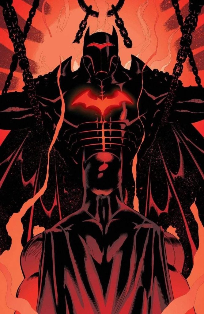 A dark, armored figure with bat-like features stands chained, glowing red accents on its chest, as another similar figure faces it from the foreground, all set against a fiery red background.