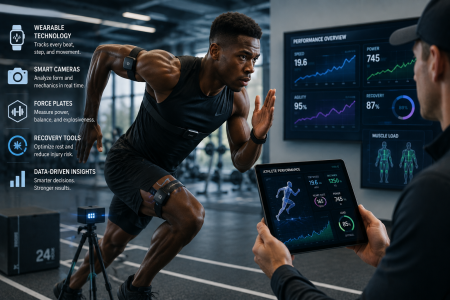 How Modern Equipment Is Reshaping Athlete Performance Male athlete sprints indoors with wearable sensors as trainer monitors performance data on a tablet; gym screens display stats on power, muscle load, and recovery.