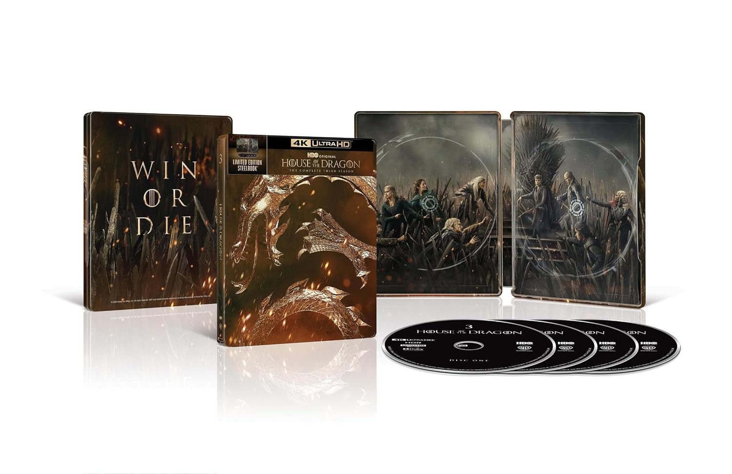 House of the Dragon 4K Ultra HD box set with illustrated steelbook cases, five discs, and a slipcase featuring a dragon design.