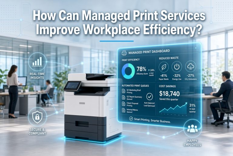 Modern office with a printer, digital dashboard displaying print metrics, and icons indicating real-time insights, security, and employee satisfaction. Text reads: “How Can Managed Print Services Improve Workplace Efficiency?”.