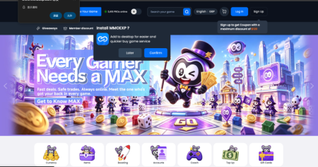 Colorful gaming website homepage with a cartoon panda mascot in a magician outfit, game elements, and navigation menu. Pop-up box asks to install a desktop app for easier service.