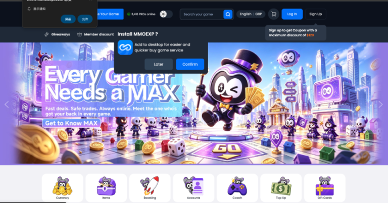 How Digital Marketplaces Help Gamers Progress Across Multiple Games Colorful gaming website homepage with a cartoon panda mascot in a magician outfit, game elements, and navigation menu. Pop-up box asks to install a desktop app for easier service.