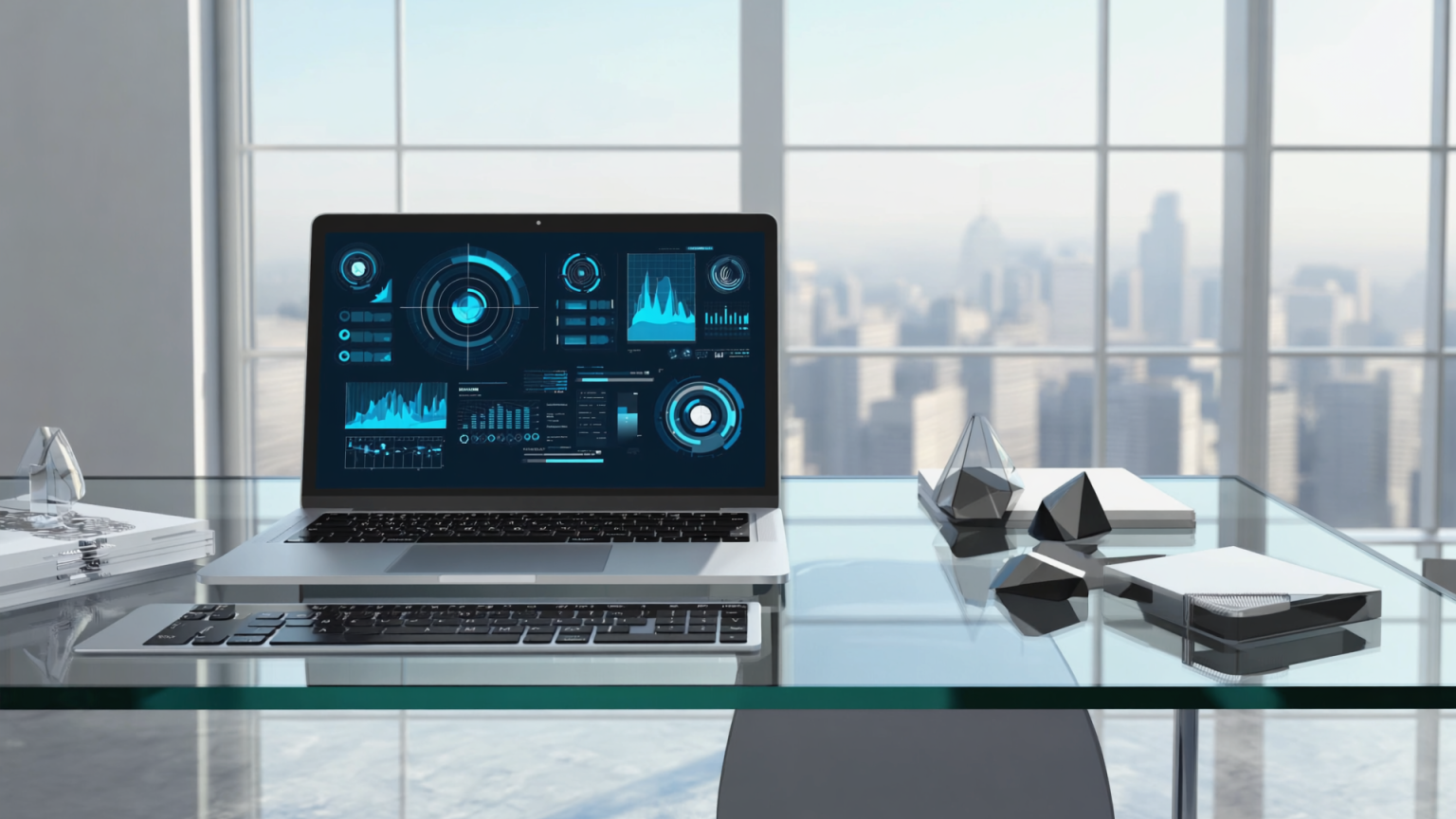 How SaaS Companies Can Benefit From Advertising In ChatGPT Laptop displaying data analytics dashboards on a glass desk with geometric decor, books, and a keyboard. Large windows show a city skyline in the background.