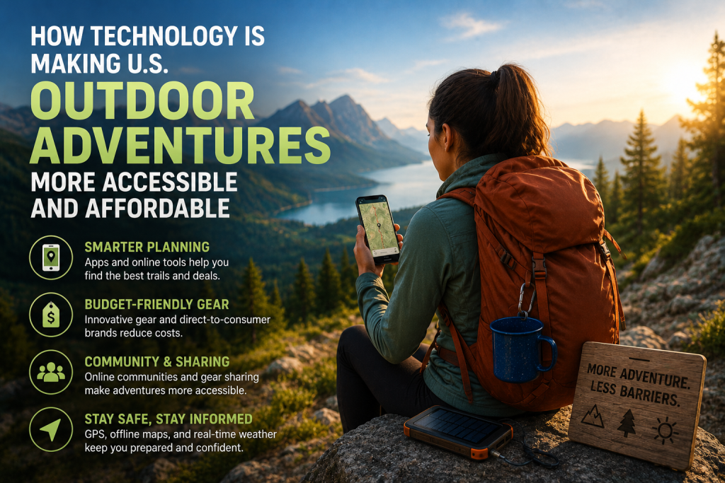 Woman with backpack using smartphone sits on mountain top, overlooking lake and forest; infographic text explains tech’s role in making U.S. outdoor adventures more accessible and affordable.