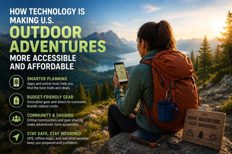 Woman with backpack using smartphone sits on mountain top, overlooking lake and forest; infographic text explains tech’s role in making U.S. outdoor adventures more accessible and affordable.
