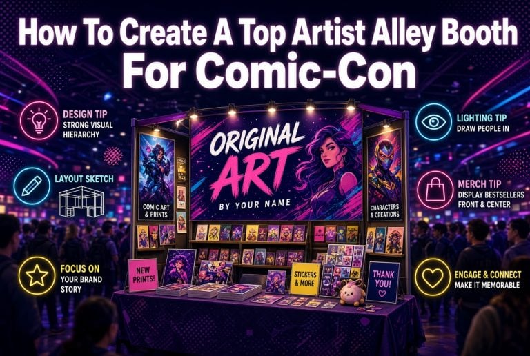 A colorful Comic-Con artist alley booth displays original art, prints, and merchandise, surrounded by tips for effective booth setup and engaging attendees.