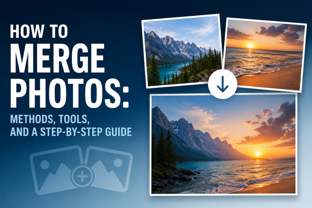 How To Merge Photos: Methods, Tools, And A Step-by-Step Guide A graphic shows the text “How to Merge Photos: Methods, Tools, and a Step-by-Step Guide” beside three example landscape photos being combined.