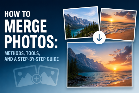 A graphic shows the text “How to Merge Photos: Methods, Tools, and a Step-by-Step Guide” beside three example landscape photos being combined.