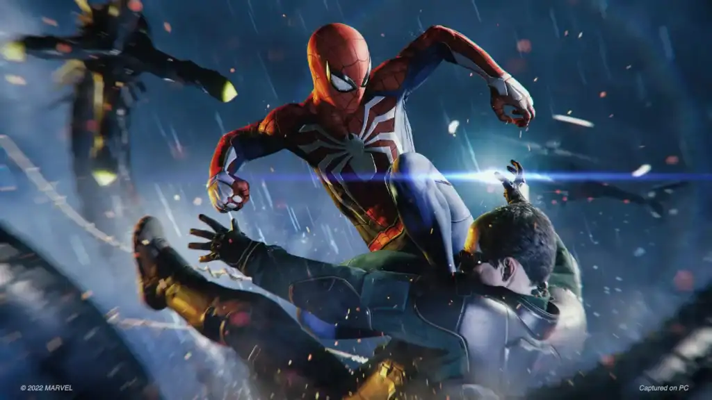 Spider-Man in a red and blue suit punches a man in tactical gear during a rainy night fight scene, with dramatic lighting and motion effects.