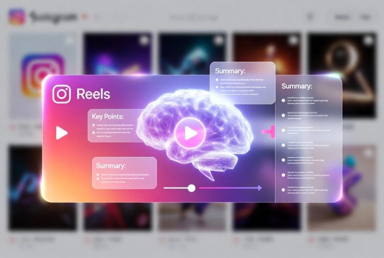 From Endless Scrolling To Quick Learning: Using An Instagram Reel Summarizer For Better Insights A digital illustration shows an Instagram Reels interface with a glowing brain graphic, key points, and summaries displayed over a blurred background of other social media posts.