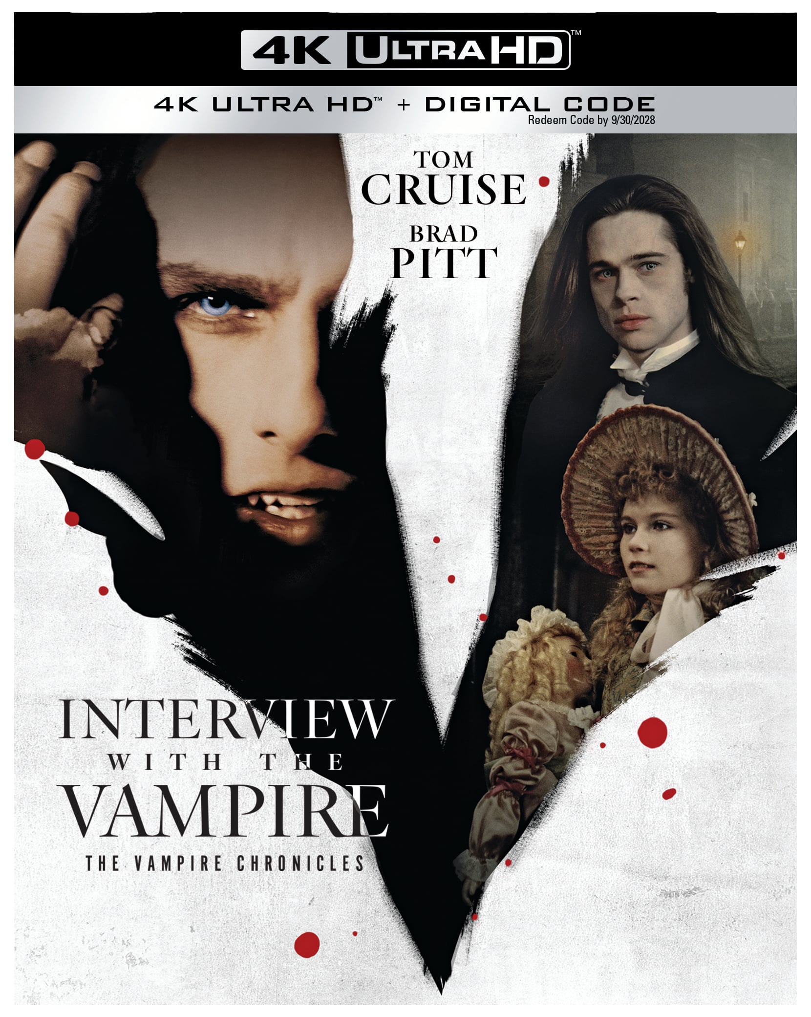 4K Ultra HD cover for “Interview with the Vampire” featuring Tom Cruise and Brad Pitt in character, with gothic-themed graphics and splatters of blood.
