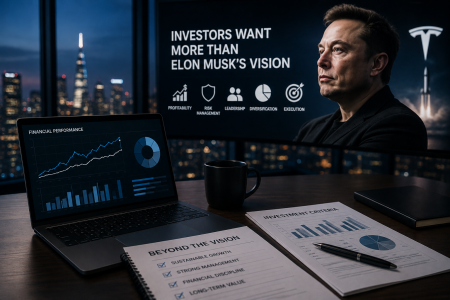 Office desk with financial documents, laptop showing graphs, and a screen displaying Elon Musk’s photo with the text “Investors want more than Elon Musk’s vision” and investment criteria icons.