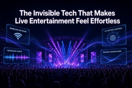 Concert stage with bright lights, large crowd, and digital overlays highlighting wireless network, seamless audio, AI lighting control, and invisible sensor grid. Text headline spans top of image.
